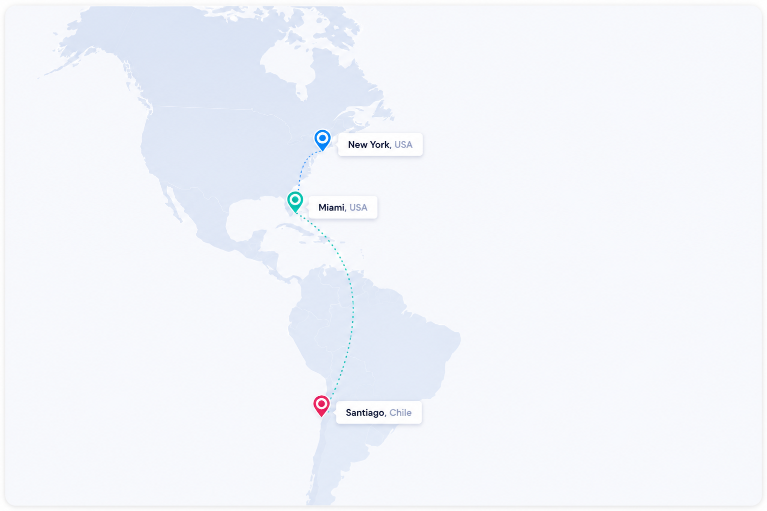 Mapa con las oficinas de Medusa Digital en Santiago de Chile y Miami, Estados Unidos